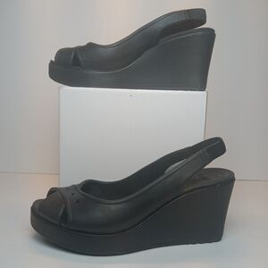 Crocs Womens 8 Black Farrah Wedge Heel Sandals Slingback Peep Toe Croslite